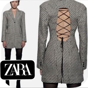 Zara Houndstooth Open Lace Up  Corset Back Blazer Dress • LIKE NEW •